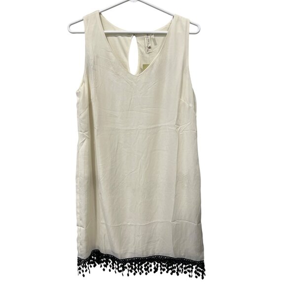 Pink Owl V Neck Sleeveless Shift Dress Size Medium Lace Hem Ivory Black Chic NEW - Picture 1 of 6